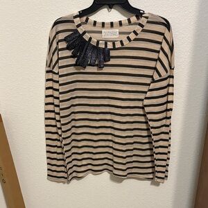 Striped Beige and Black Long Sleeve Top with Glitter Detail